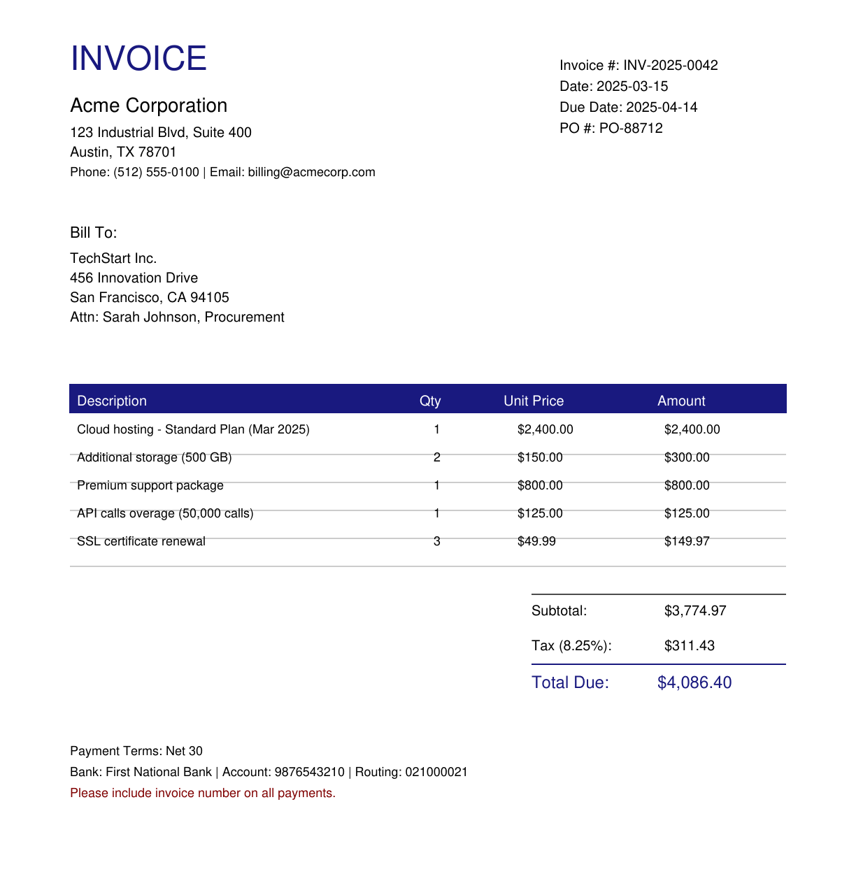 Acme Corporation invoice PDF, INV-2025-0042, with line items for cloud hosting, storage, support, API overage and SSL renewal.